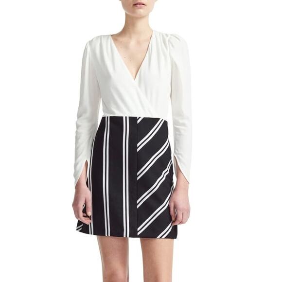 Maje Rolim Blanc Mini Dress Ivory Black Stripes Surplice Crepe V-Neck SZ S NWT